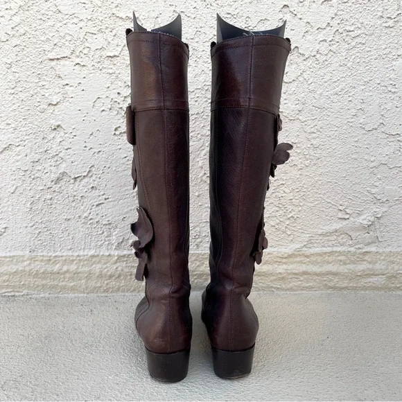 Valentino Garavani brown leather floral appliqué knee-high boots size IT 38 US 8